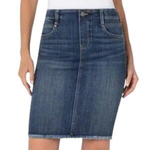 🆕Liverpool Glider Raw Hem Denim Pencil Skirt Size 8/29 Mystic Dark Wash NWT